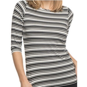 Women's Yala Striped 3/4 Sleeve Relaxed Fit Boatneck Tee Size Large White Black